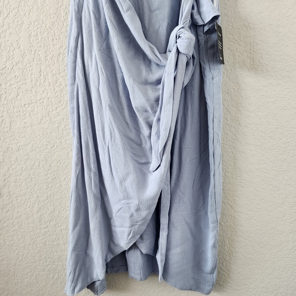 Lulus Stay Sunny Light Blue Faux Wrap Tie Midi Dress Sleeveless Overlap Skirt L - Picture 6 of 11